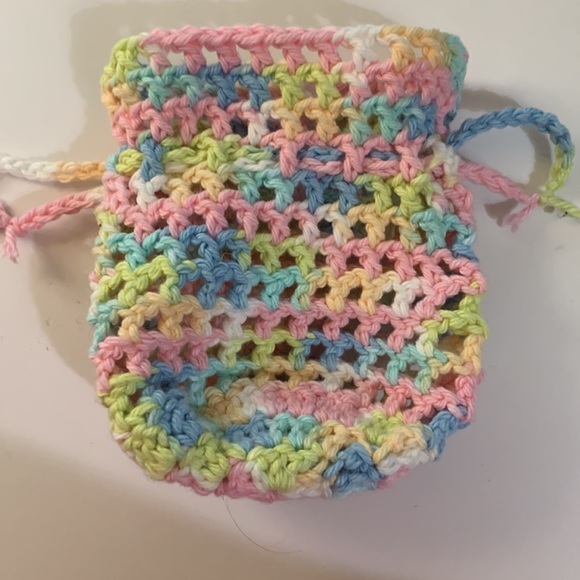 Crochet Draw String Bag Pink Blue Green White Cotton Thread - Picture 2 of 5
